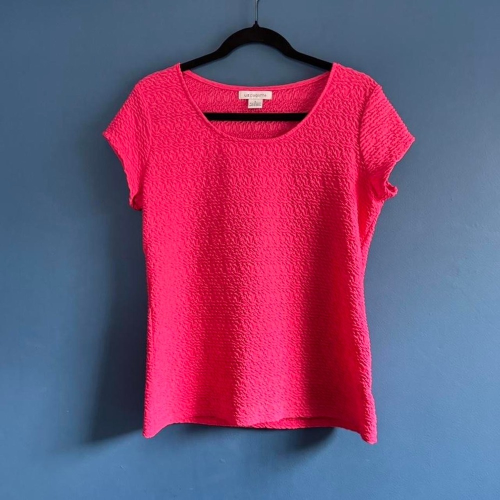 Y2K Liz Claiborne Pink Baby Tee Women's Size‎ Large Textured Scoop Neck Bright